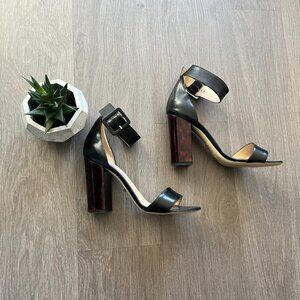 Diane Von Furstenberg Black Leather Sandals with Tortoiseshell Heel Detail